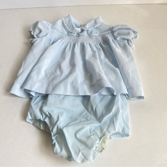 Vintage 80s Baby Clothes Dresses Diaper Cover Bloomers 3 6 Months Girls Blue - Picture 9 of 12